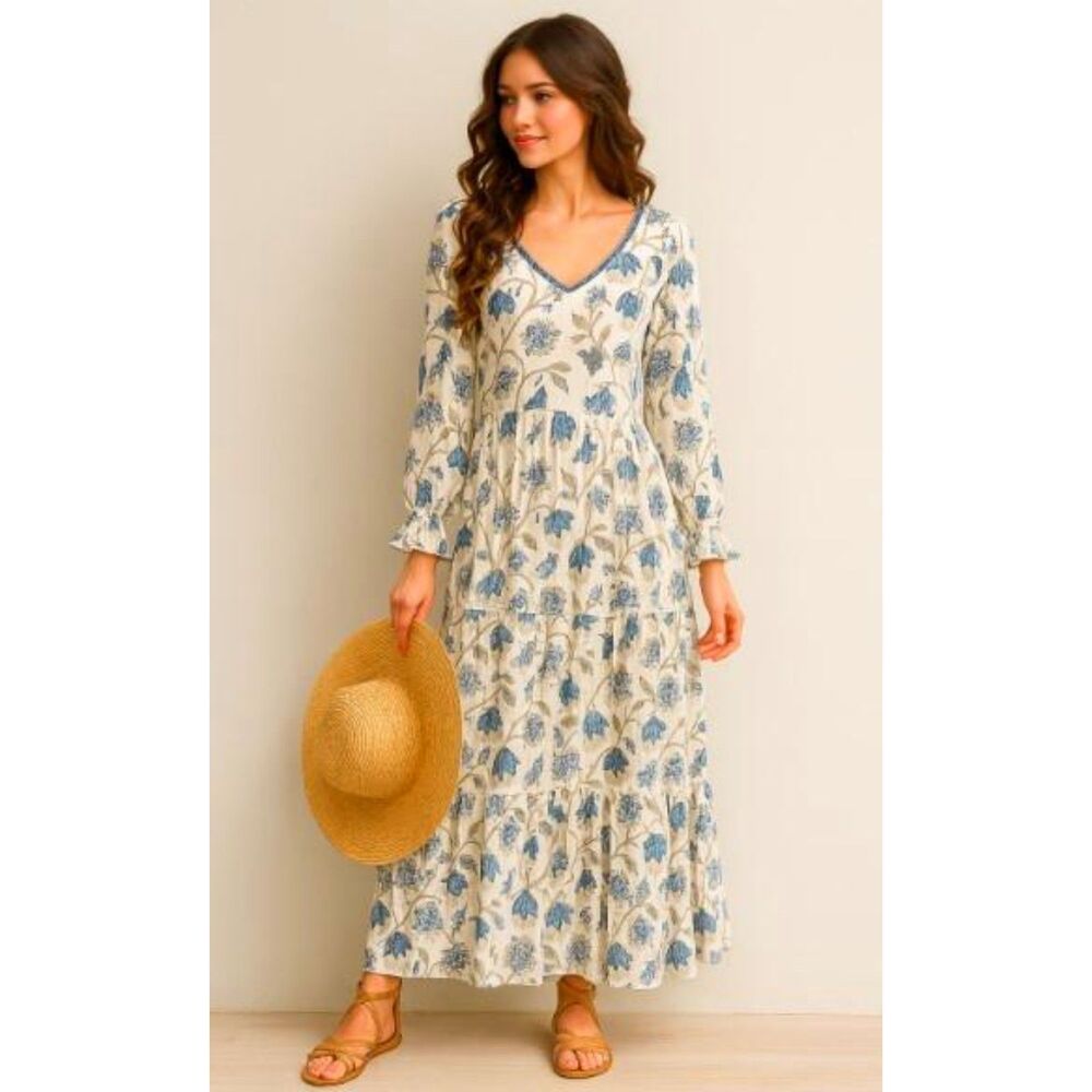 Skemo Maxi Dress Blue Floral Mandala Long Sleeve Retails $219 NWT Size S